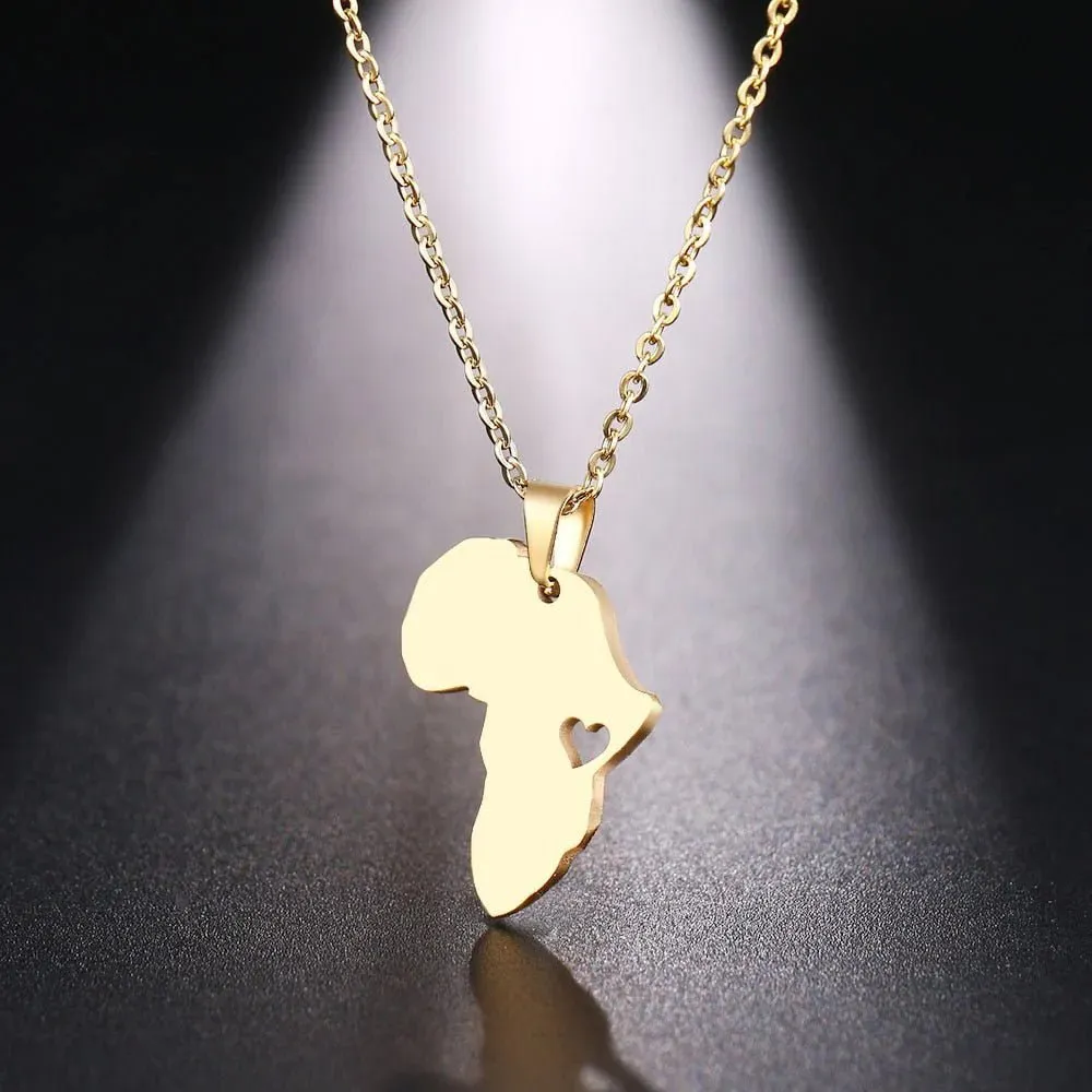 Africa Map Gold Pendant Necklace 45cm Stainless Steel Engagement Jewelry
