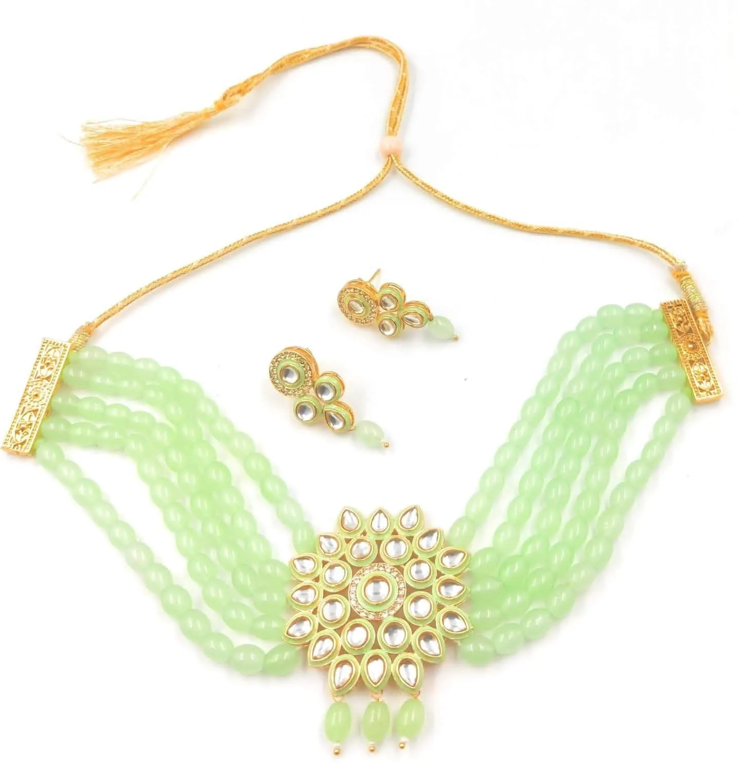 Handmade golden meenakari kundan chokar light green color jewellery set