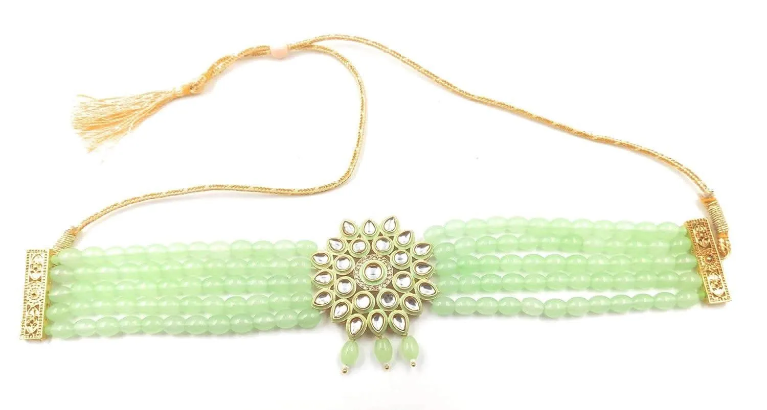 Handmade golden meenakari kundan chokar light green color jewellery set
