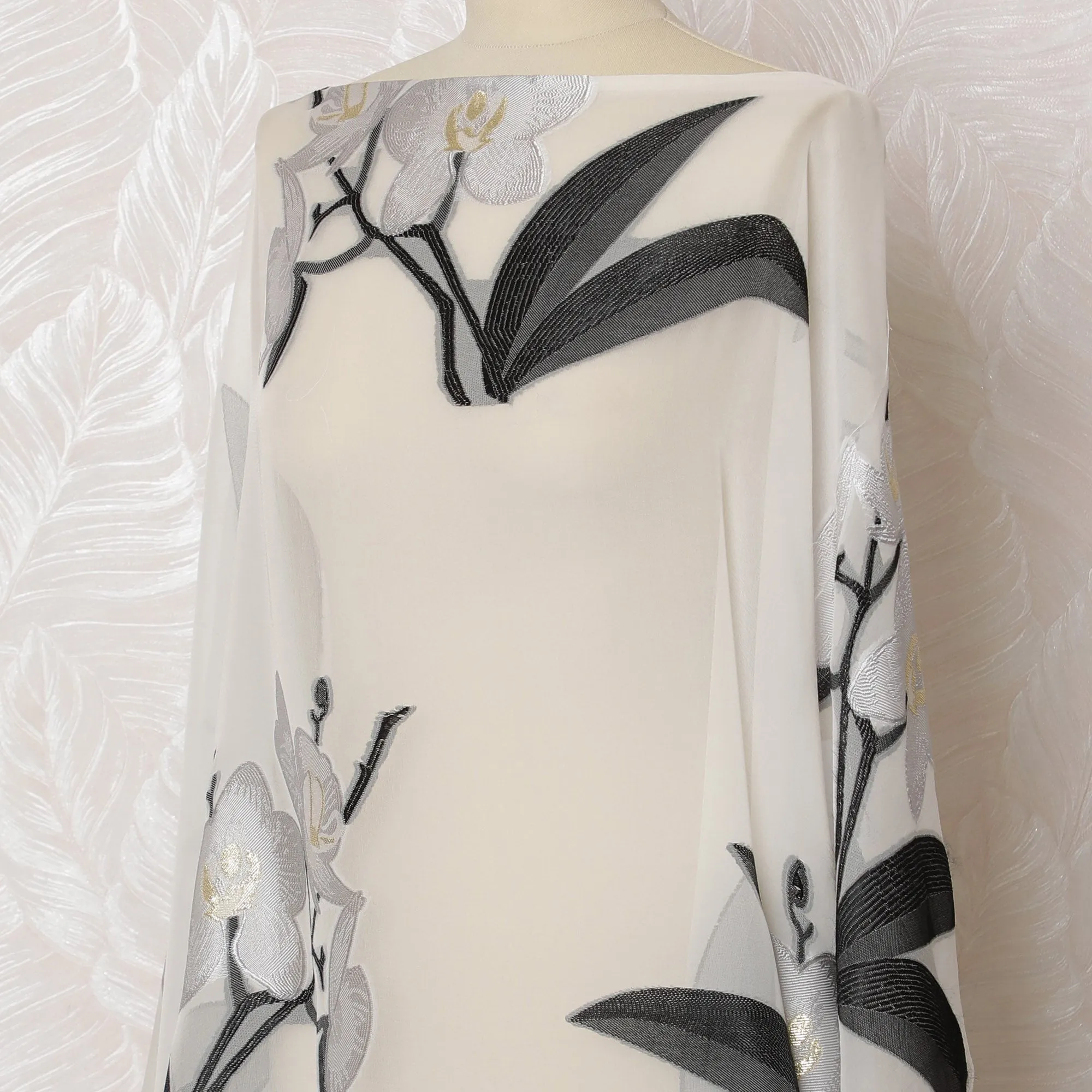 Ivory French Silk Chiffon Fabric with Black and Silver Orchid Embroidery, Traditional Somali Dirac - 140 cm Width, 3.5 Meters-D20135