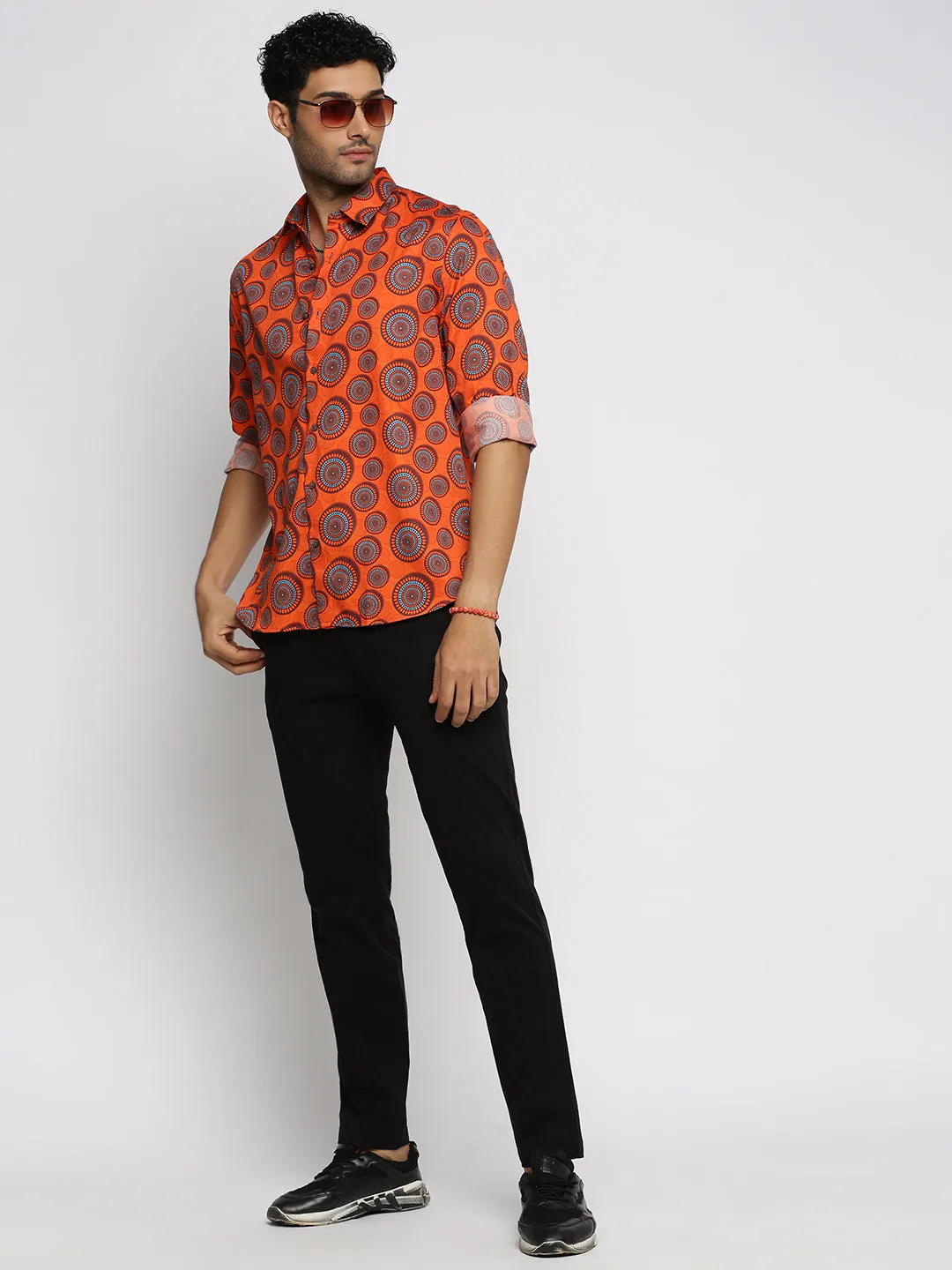 Men Orange Spread Collar Ethnic Motifs Shirt
